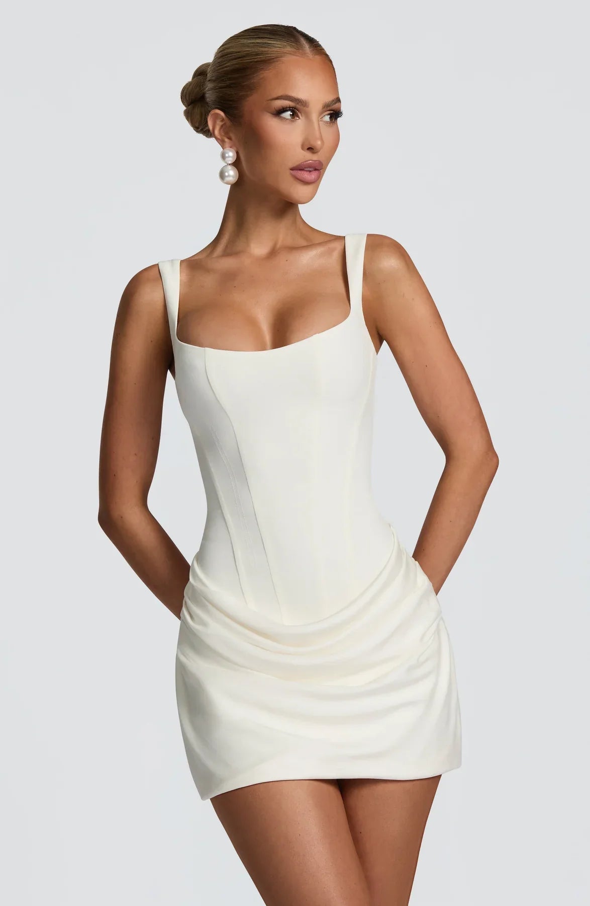 Mini Dress Ruched Bodice Adjustable Lace-Up Back Square Neckline