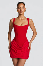 Mini Dress Ruched Bodice Adjustable Lace-Up Back Square Neckline
