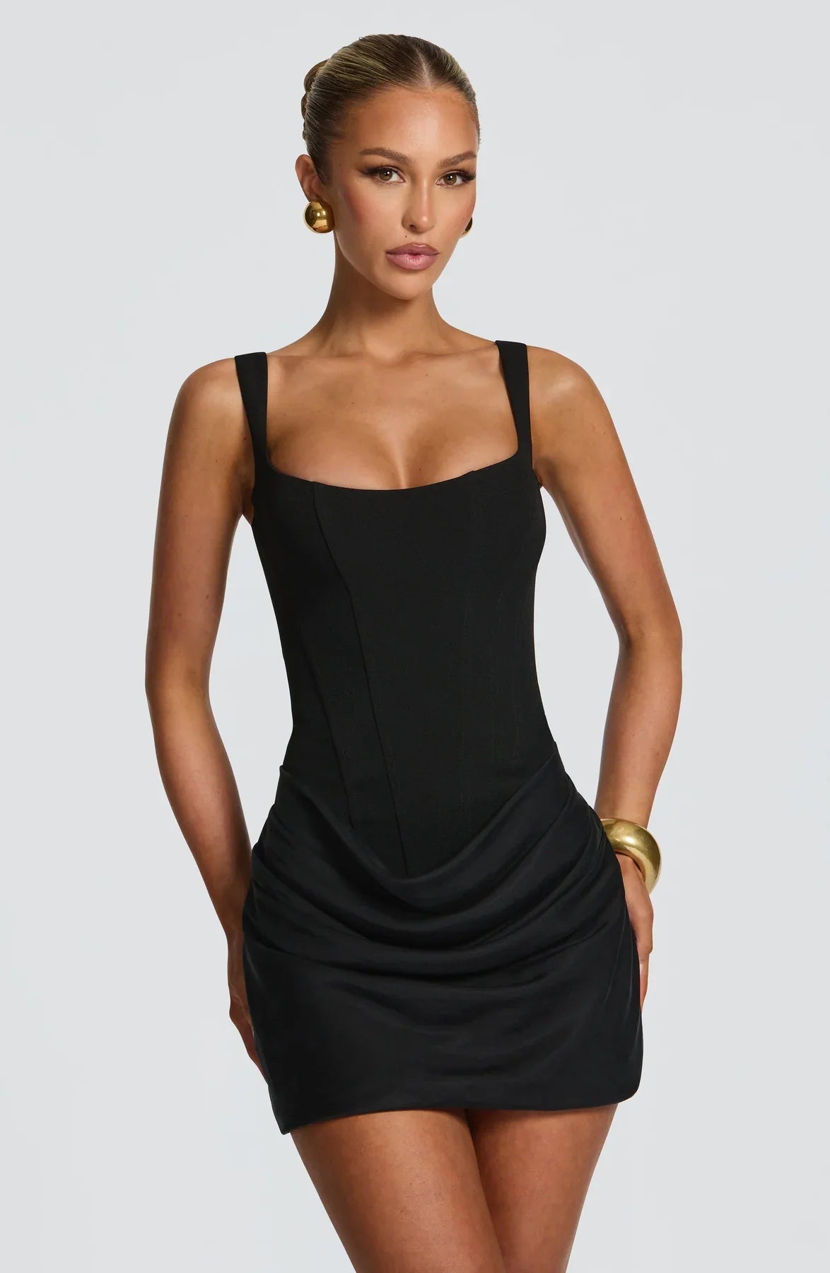 Mini Dress Ruched Bodice Adjustable Lace-Up Back Square Neckline