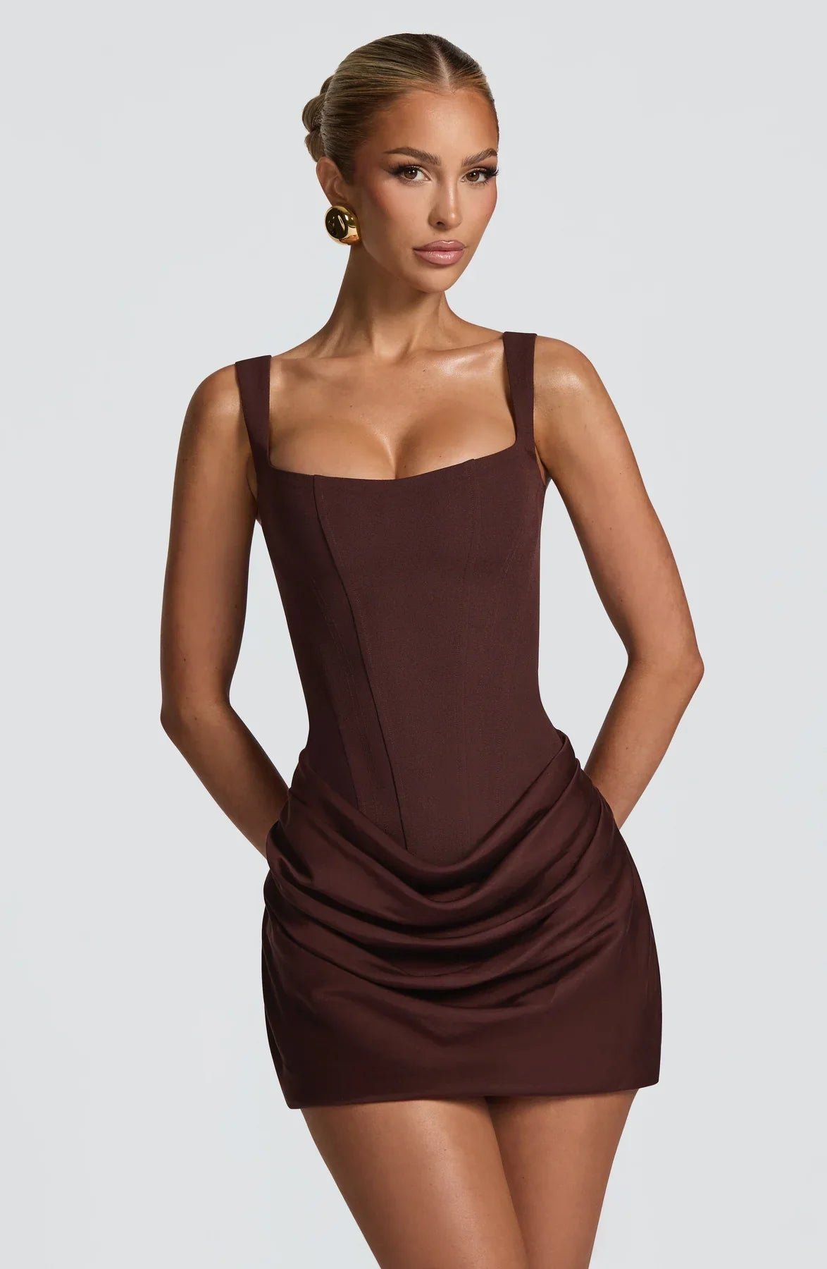 Mini Dress Ruched Bodice Adjustable Lace-Up Back Square Neckline
