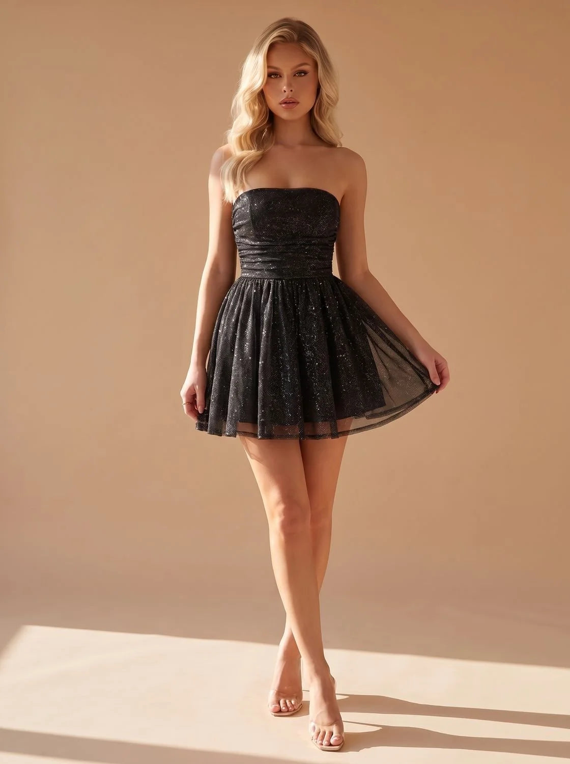 Mini Dress Strapless Bustier Pleated Glitter Woven