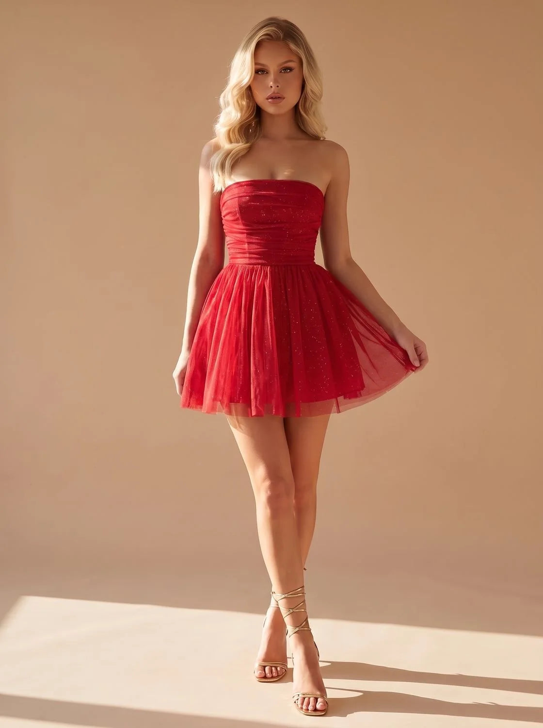 Mini Dress Strapless Bustier Pleated Glitter Woven