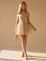 Mini Dress Strapless Bustier Pleated Glitter Woven