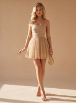Mini Dress Strapless Bustier Pleated Glitter Woven