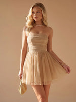 Mini Dress Strapless Bustier Pleated Glitter Woven