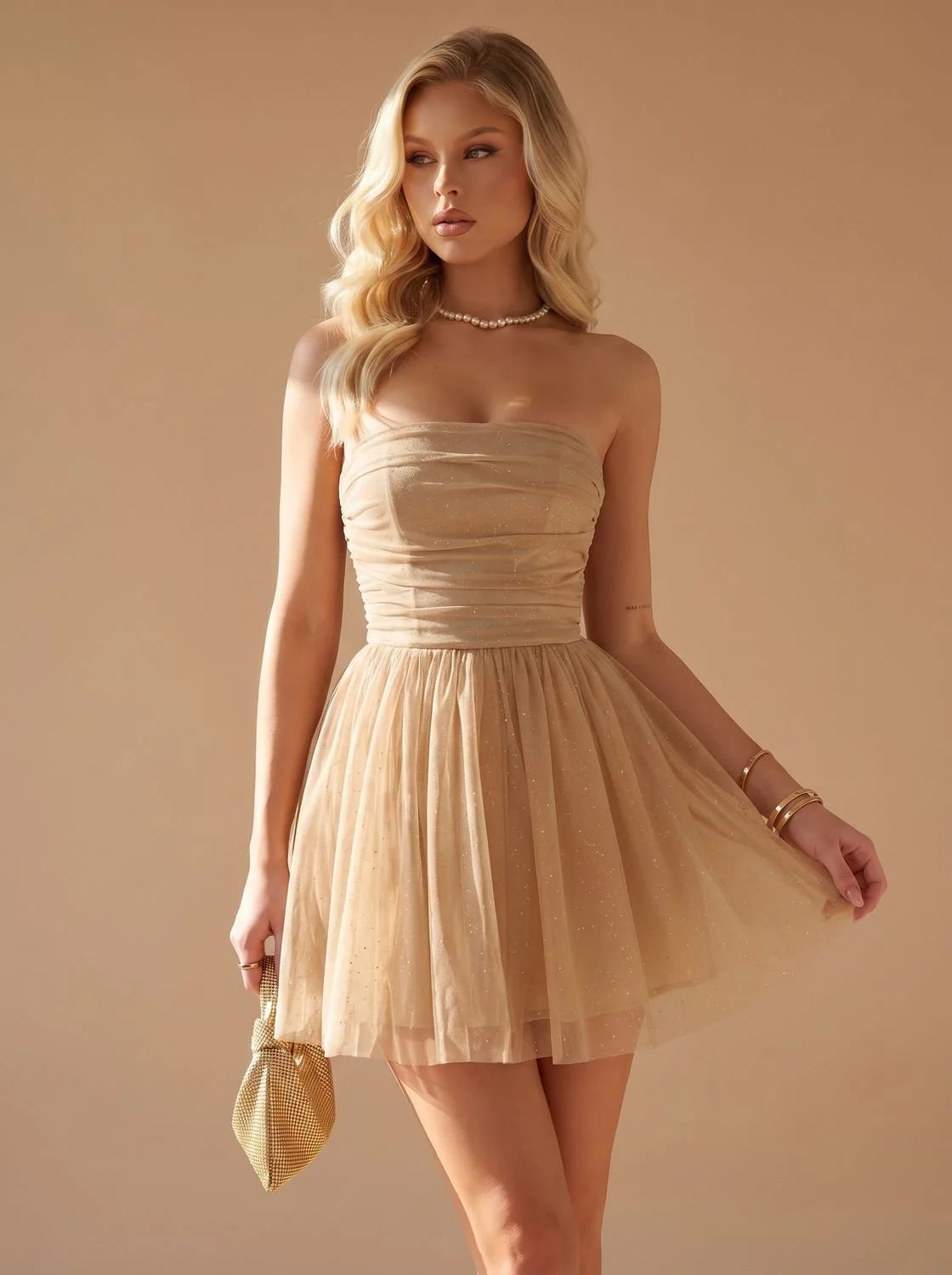 Mini Dress Strapless Bustier Pleated Glitter Woven