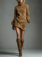 Mini Dress Suede Turtleneck Loose Fit