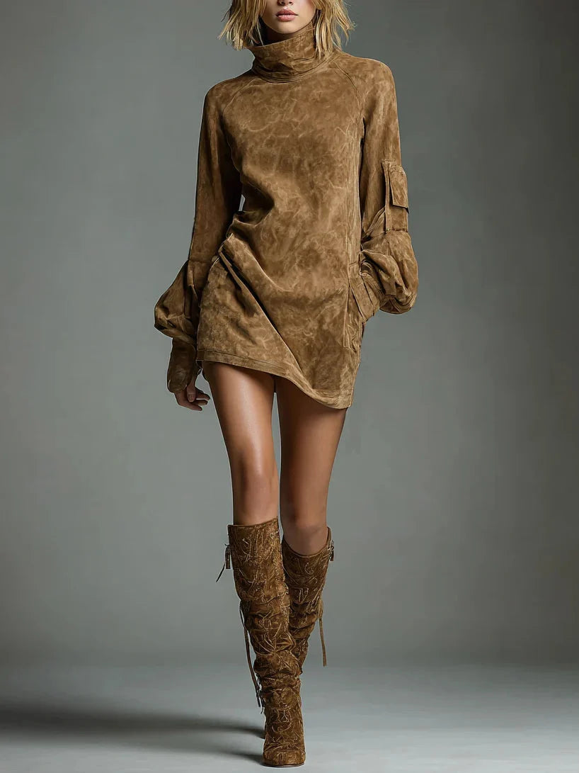 Mini Dress Suede Turtleneck Loose Fit