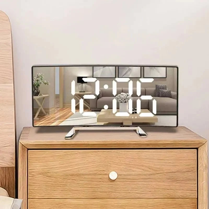 Mirror Alarm Clock Curved Design Silent LED Display