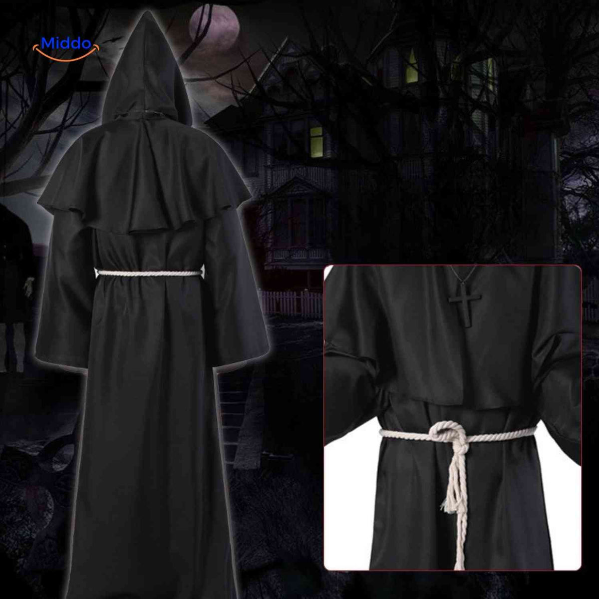 Monk Costume Hooded Floor-Length Robe with Rope Belt