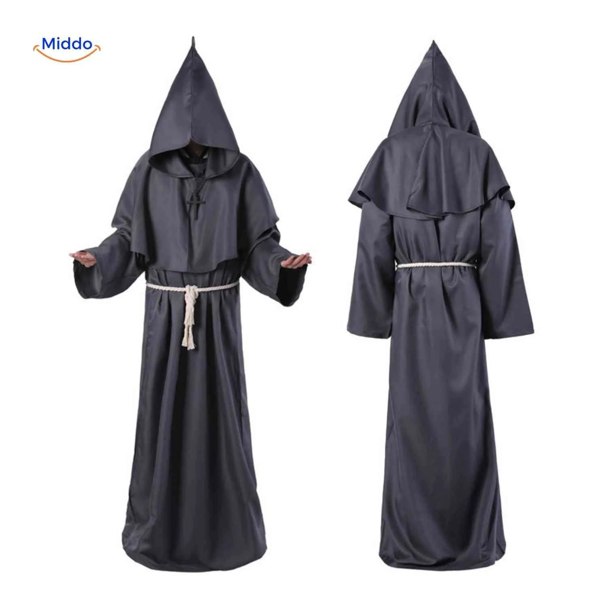 Monk Costume Hooded Floor-Length Robe with Rope Belt