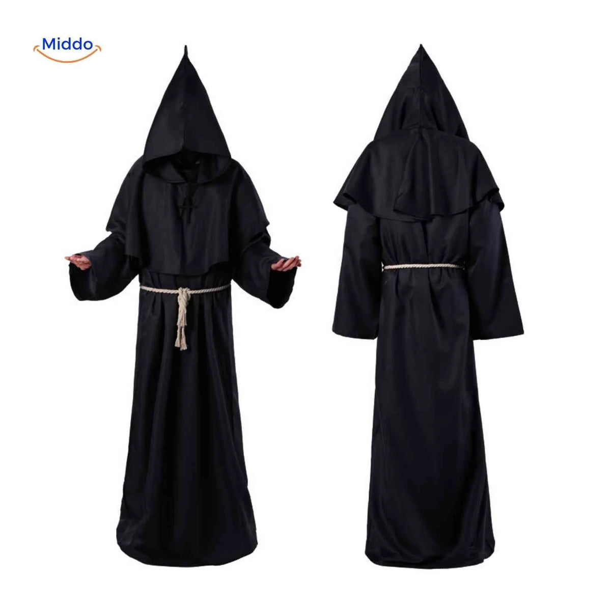 Monk Costume Robe Hooded Cotton Blend With Rope Belt