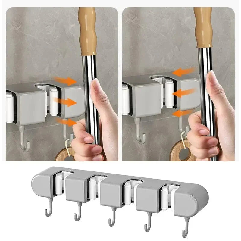 Mop and Broom Holder Wall-Mounted with Hooks