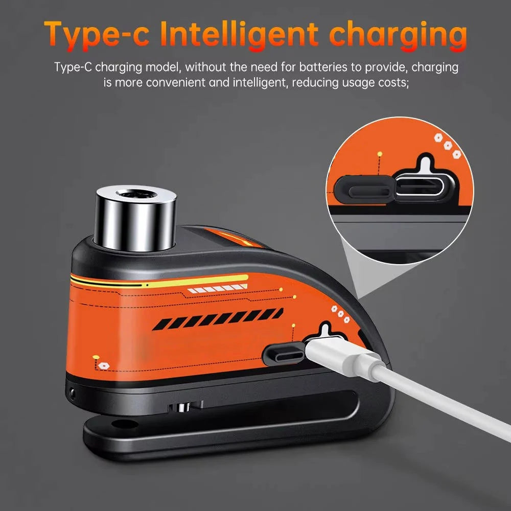 Motorcycle Disc Lock 120dB Alarm Waterproof USB-C Rechargeable