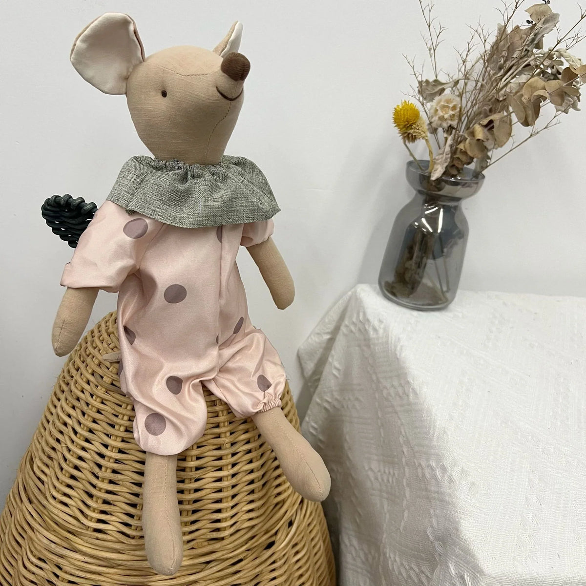 Mouse Doll Cotton-Linen Crocheted Floral Dress
