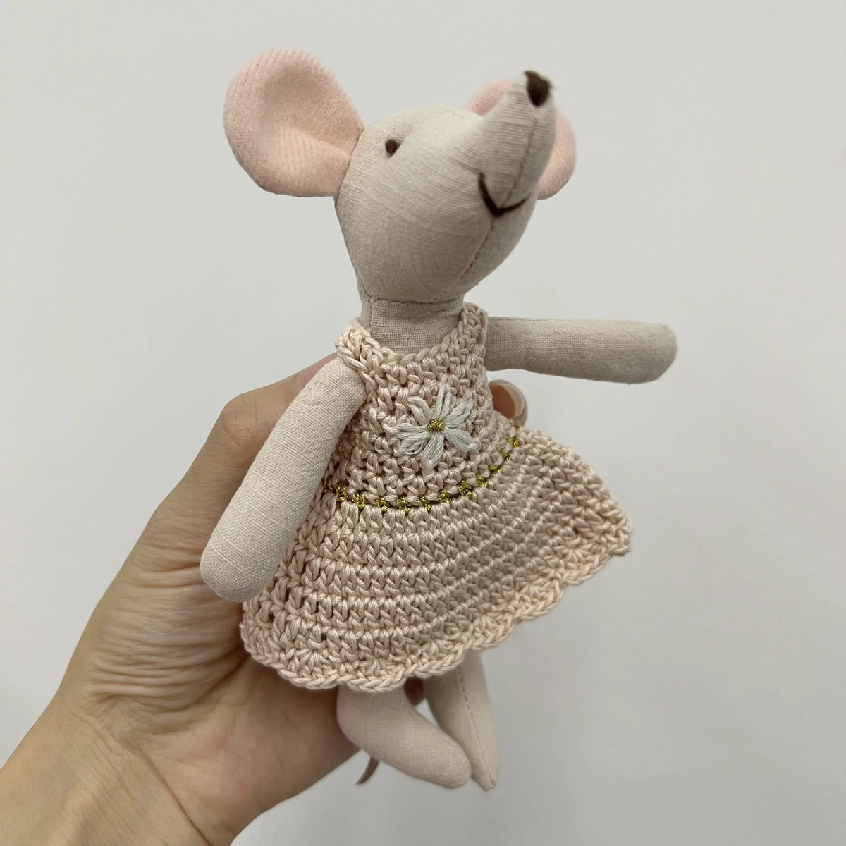 Mouse Doll Cotton-Linen Crocheted Floral Dress