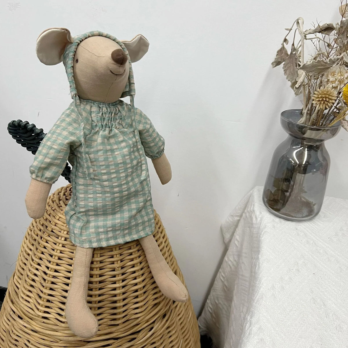 Mouse Doll Cotton-Linen Crocheted Floral Dress