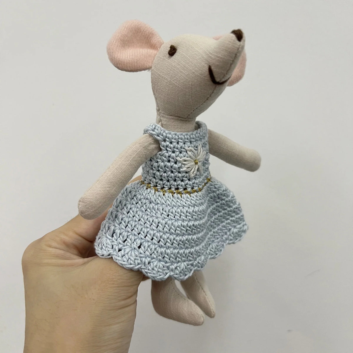 Mouse Doll Cotton-Linen Crocheted Floral Dress