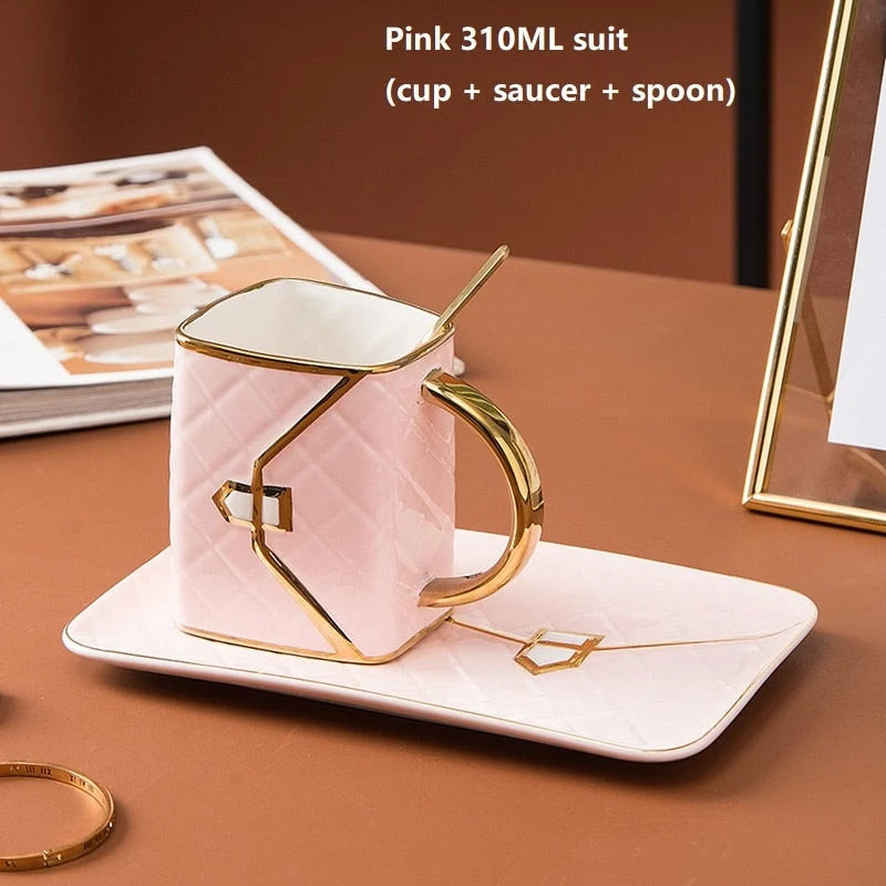 Mug Set Ceramic Gold Handle With Saucer & Spoon