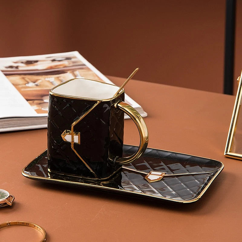 Mug Set Ceramic Gold Handle With Saucer & Spoon