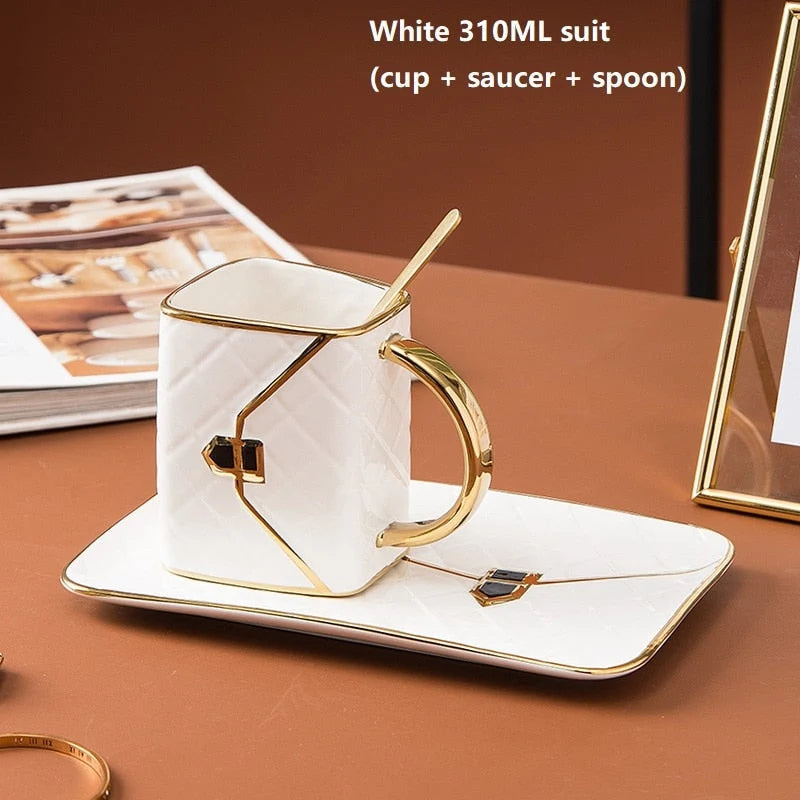 Mug Set Ceramic Gold Handle With Saucer & Spoon