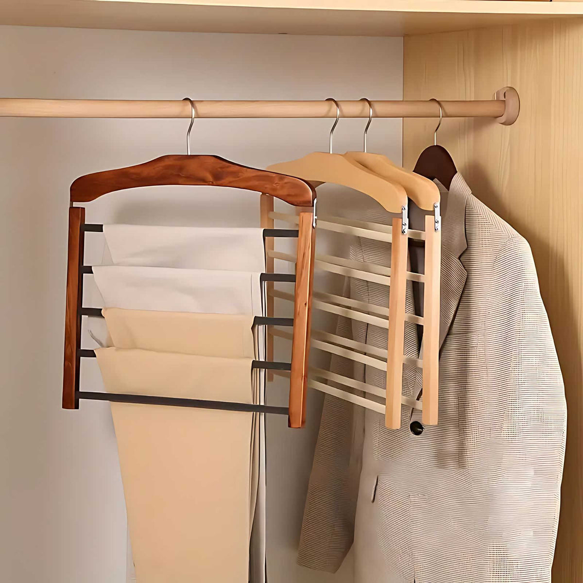 Multi-Tier Wardrobe Hanger Space-Saving Wood & Metal Non-Slip