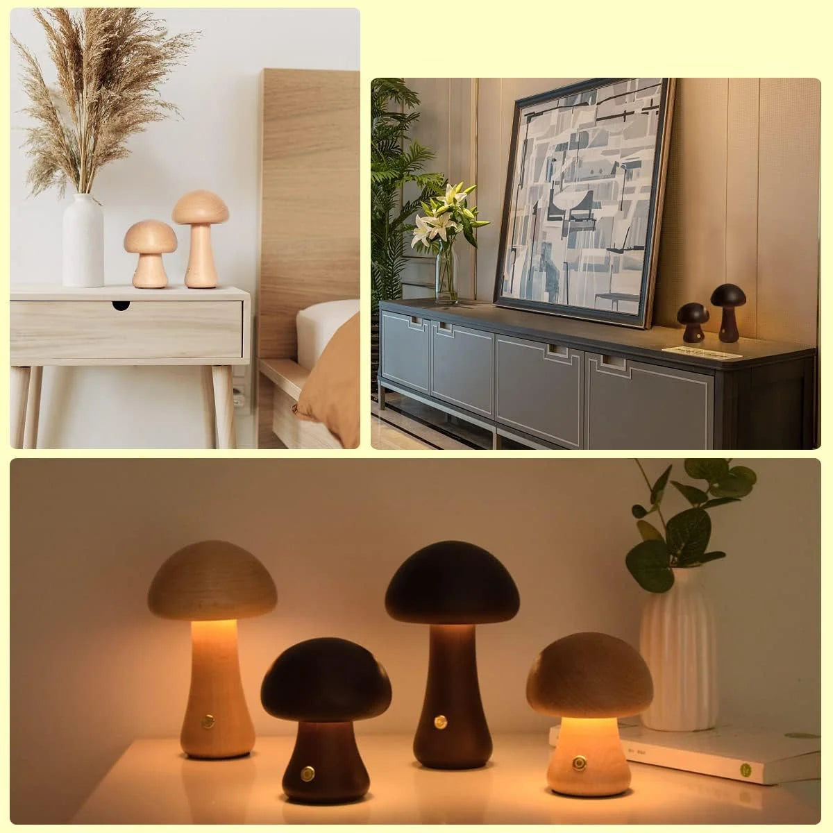 Mushroom Night Light Dimmable Touch Rechargeable Wood Finish