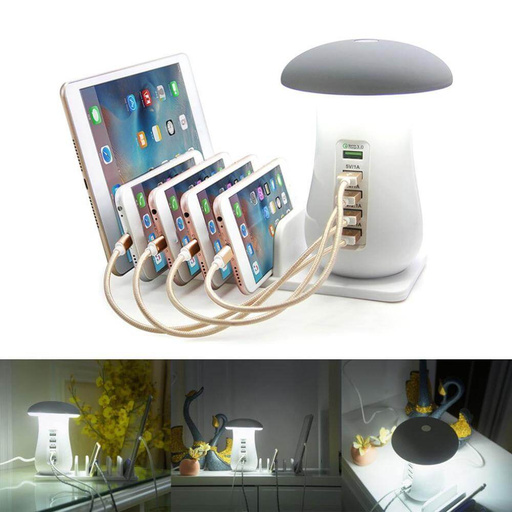 Mushroom Table Lamp LED USB Charging Station 5 Ports