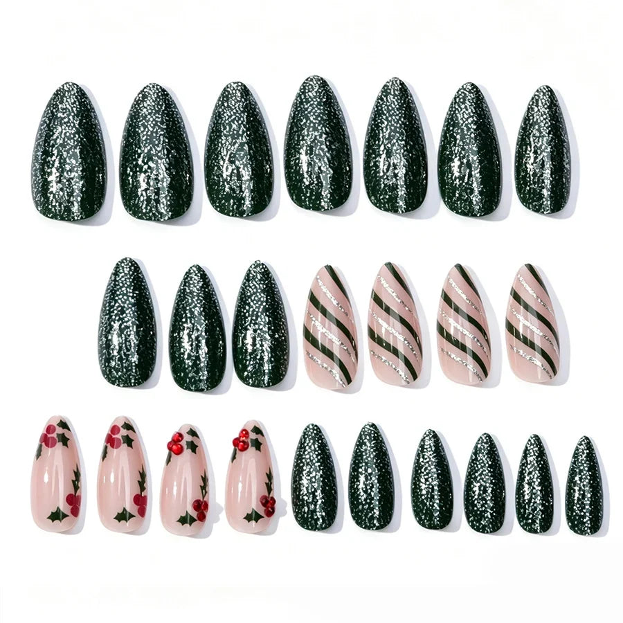 Nail Art Kit Green Glitter & Holly Motifs Chip-Resistant