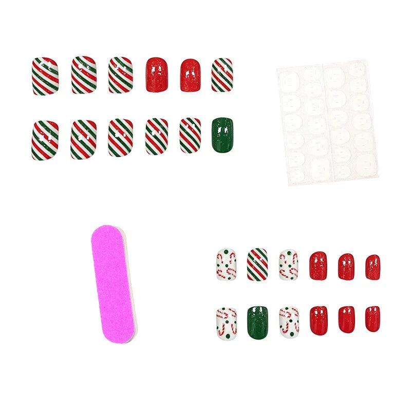 Nail Art Set Holiday Candy Cane Designs Chip-Resistant 24-Piece