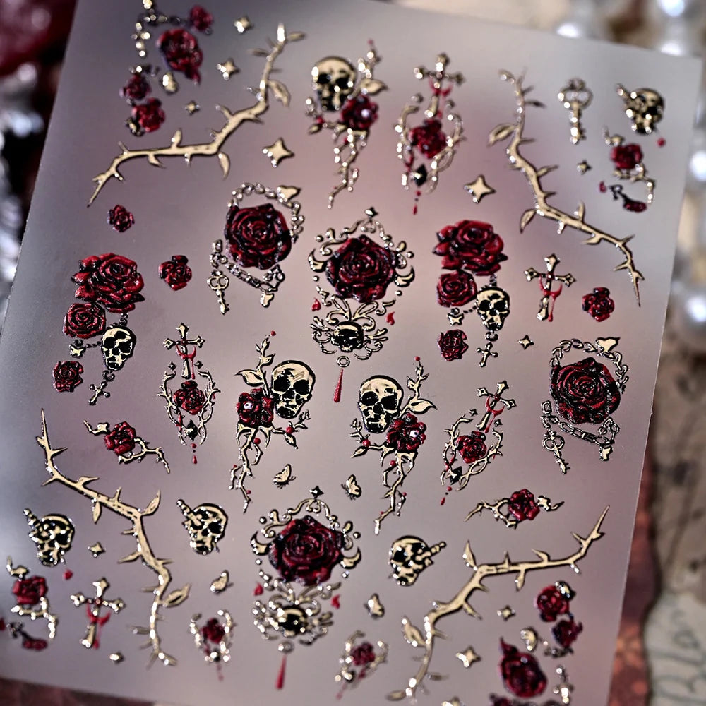 Nail Art Stickers Gothic Rose & Skull Designs Rose Gold Finish
