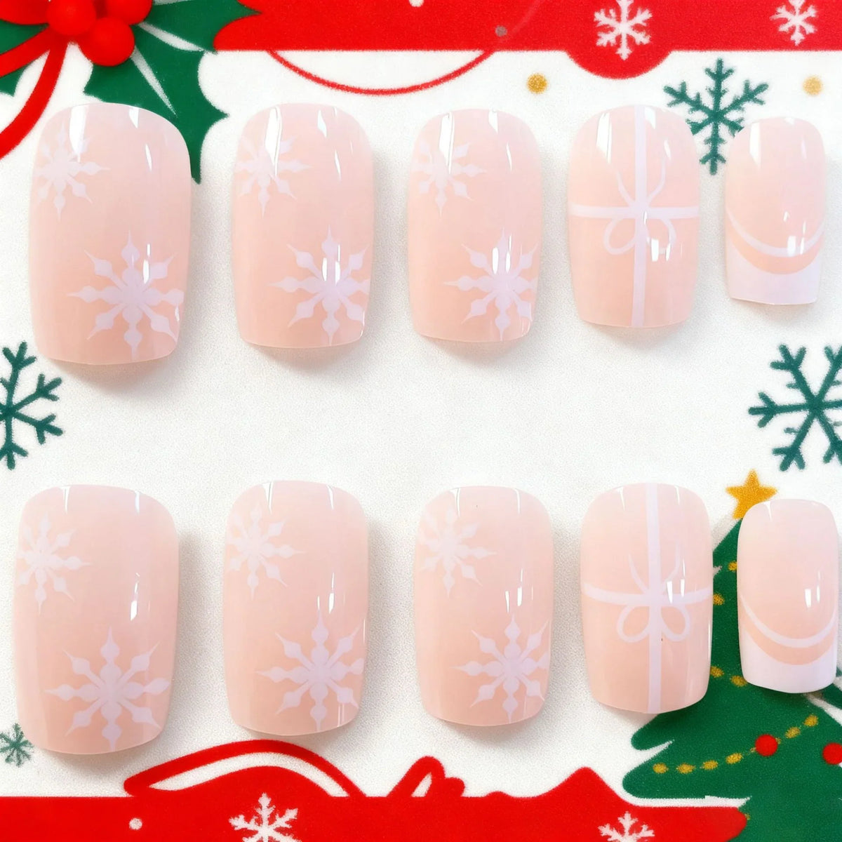 Nail Enhancements Acrylic Easy-Apply Holiday Snowflake & Ribbon