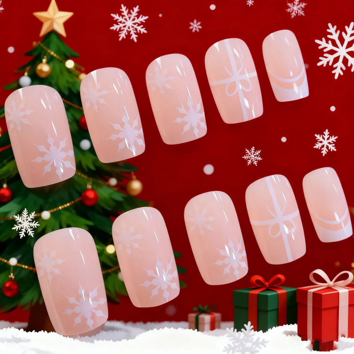 Nail Enhancements Acrylic Easy-Apply Holiday Snowflake & Ribbon