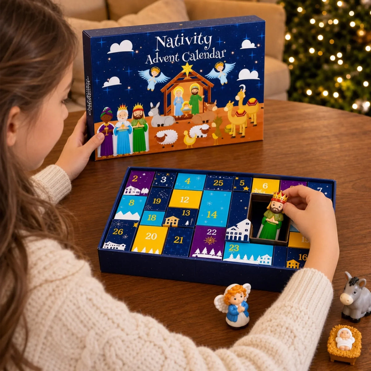 Nativity Advent Calendar 24-Day Christmas Countdown Colorful Scene