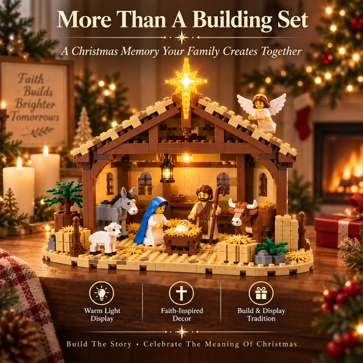 Nativity Building Block Set Illuminated Star & Stable
