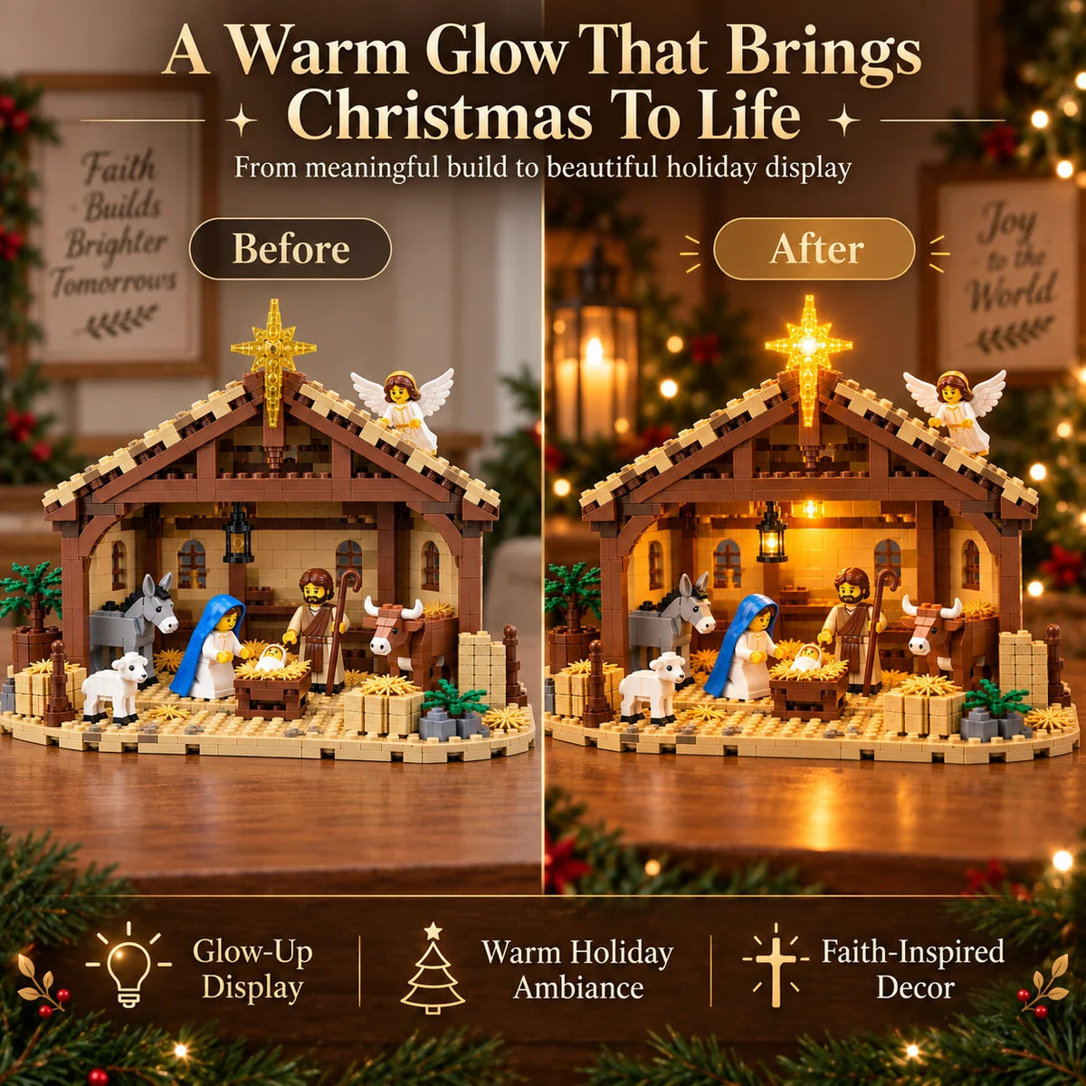 Nativity Building Block Set Illuminated Star & Stable