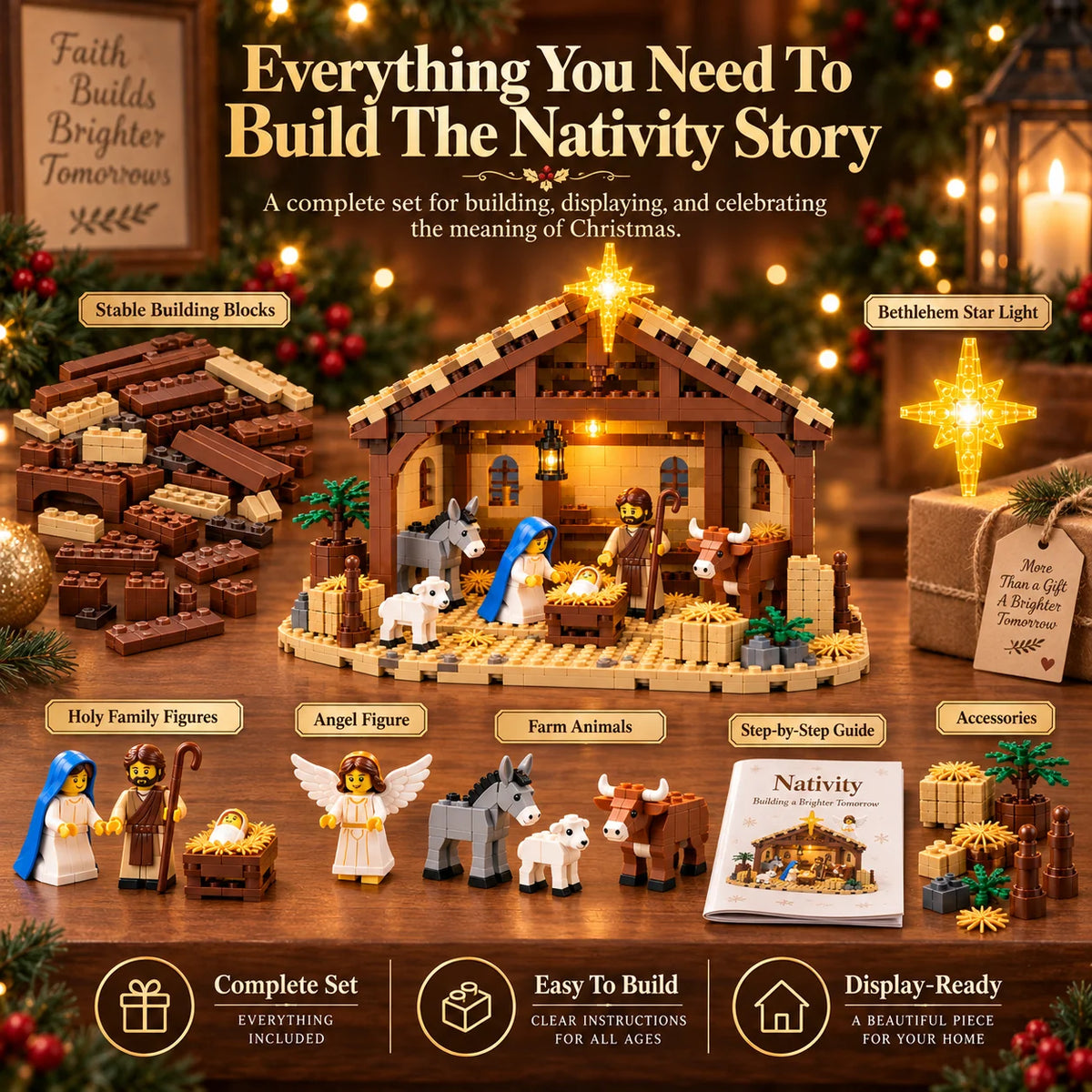 Nativity Building Block Set Illuminated Star & Stable