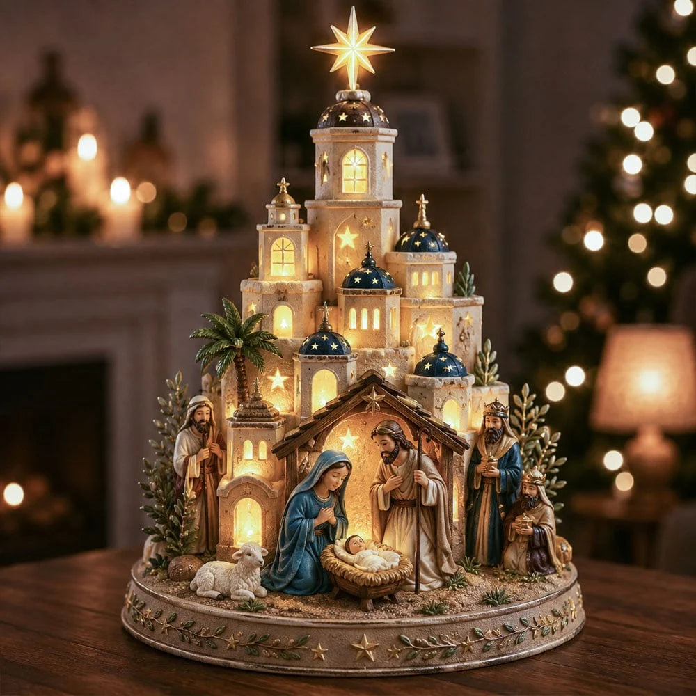Nativity Scene Tower Lighted Resin Holiday Decoration