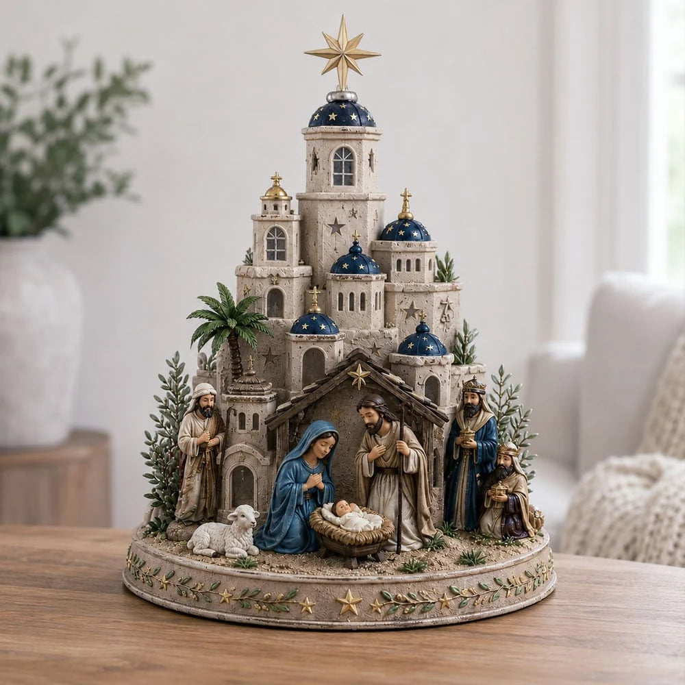 Nativity Scene Tower Lighted Resin Holiday Decoration
