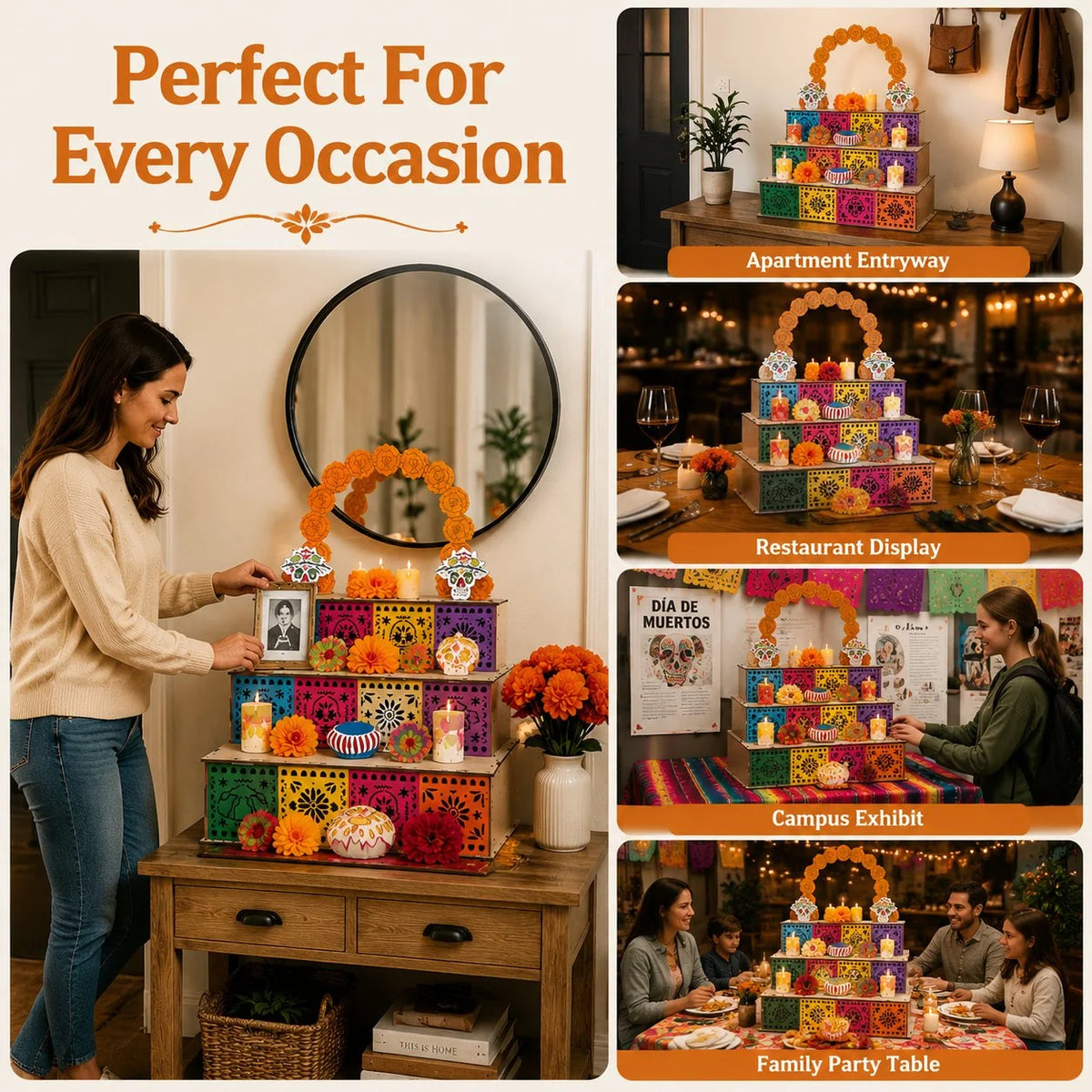 Ofrenda Altar Display Wooden Three-Tier Tabletop