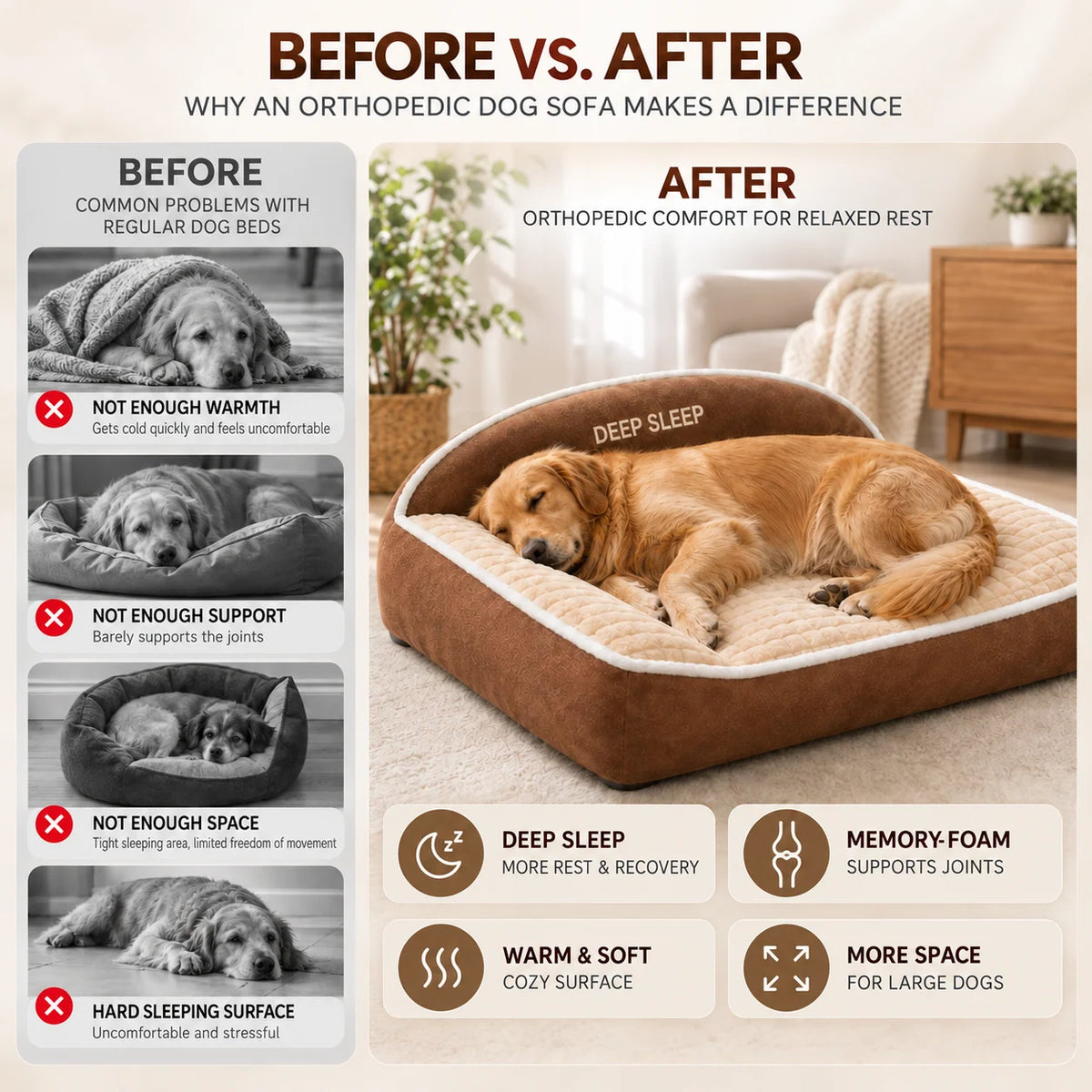 Orthopedic Dog Bed Memory Foam Raised Backrest Washable Cover