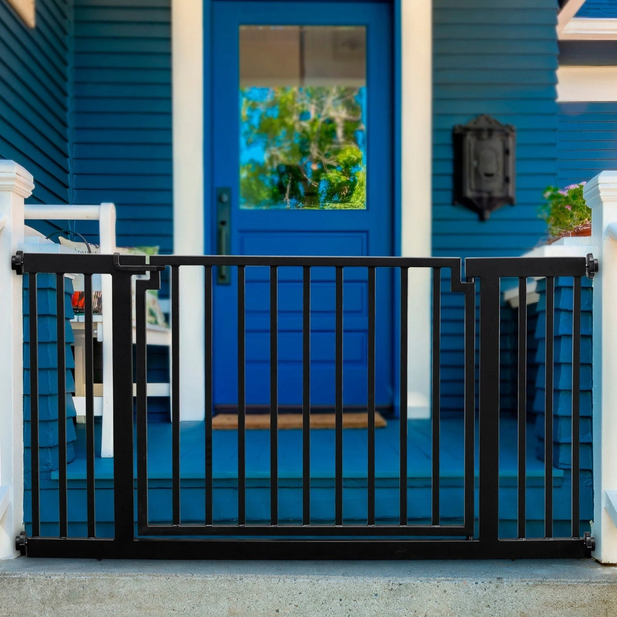 Outdoor Dog Gate Extra Wide Steel Walk-Through Door Pressure-Mounted, Weather-Resistant