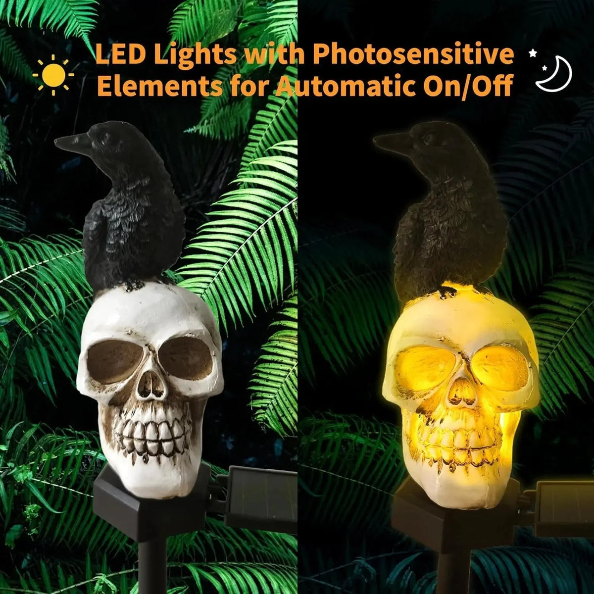 Outdoor Pathway Light Raven Skull Solar-Powered Auto On/Off