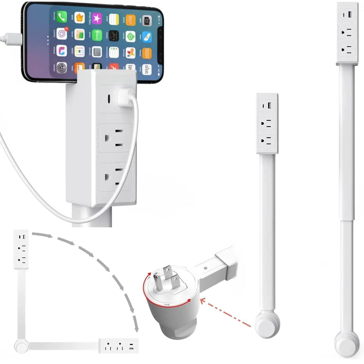 Outlet Extender Telescopic 18–28 Inch USB-A & USB-C