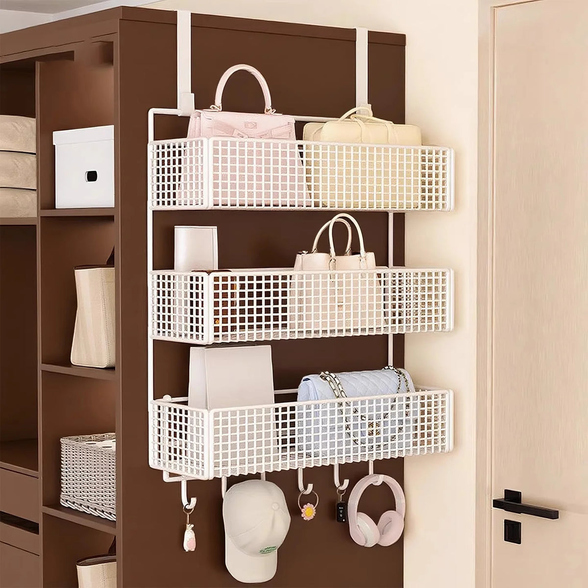 Over-The-Door Storage Organizer Mesh Baskets & 5 Hooks