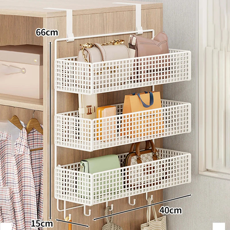 Over-The-Door Storage Organizer Mesh Baskets & 5 Hooks