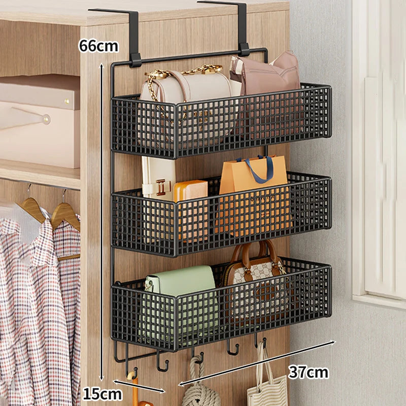 Over-The-Door Storage Organizer Mesh Baskets & 5 Hooks