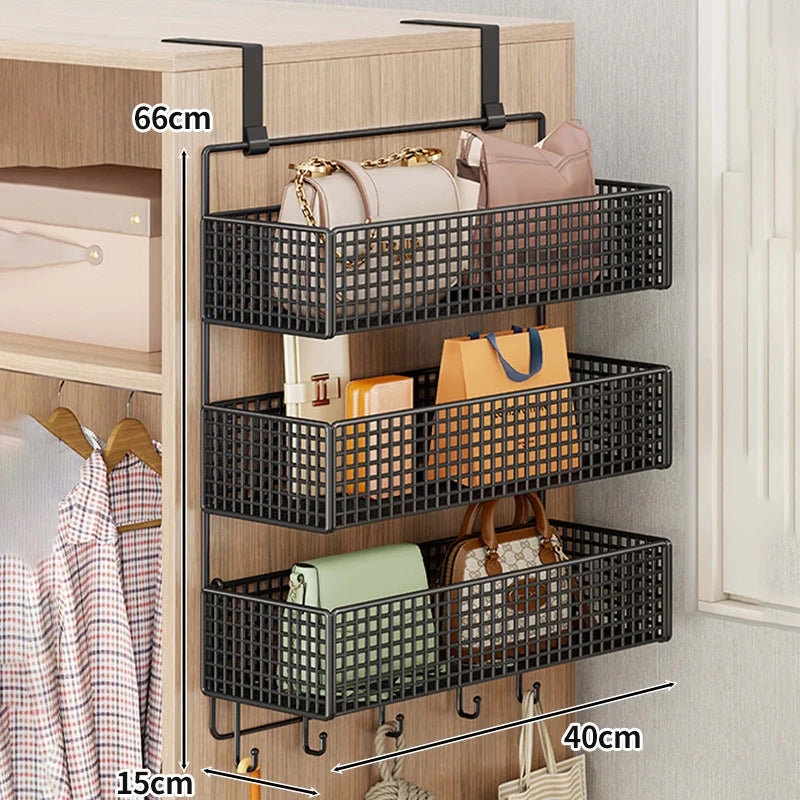 Over-The-Door Storage Organizer Mesh Baskets & 5 Hooks