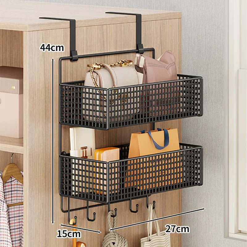 Over-The-Door Storage Organizer Mesh Baskets & 5 Hooks