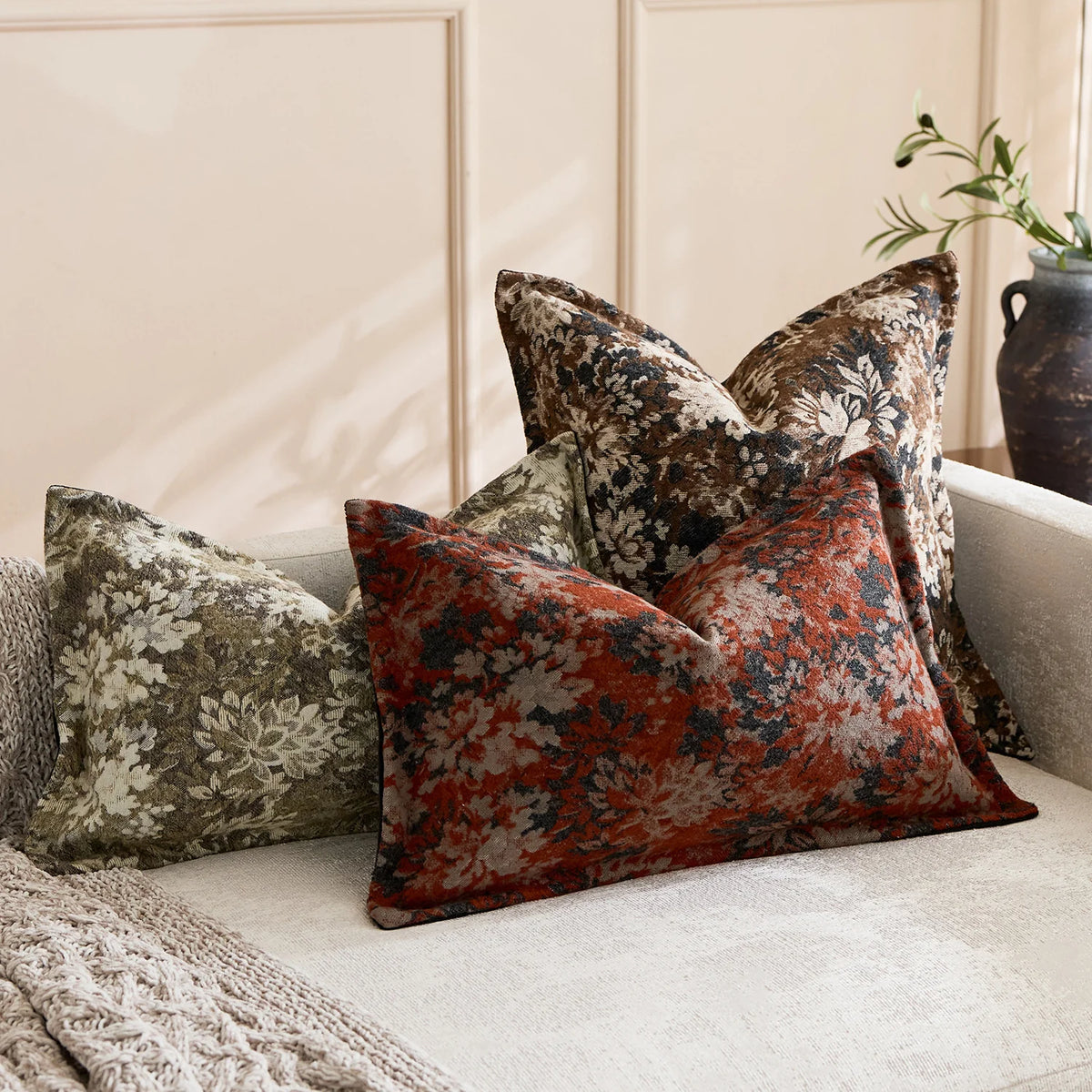 Oversized Throw Pillow Cover Jacquard Floral Velvet Hidden Zipper